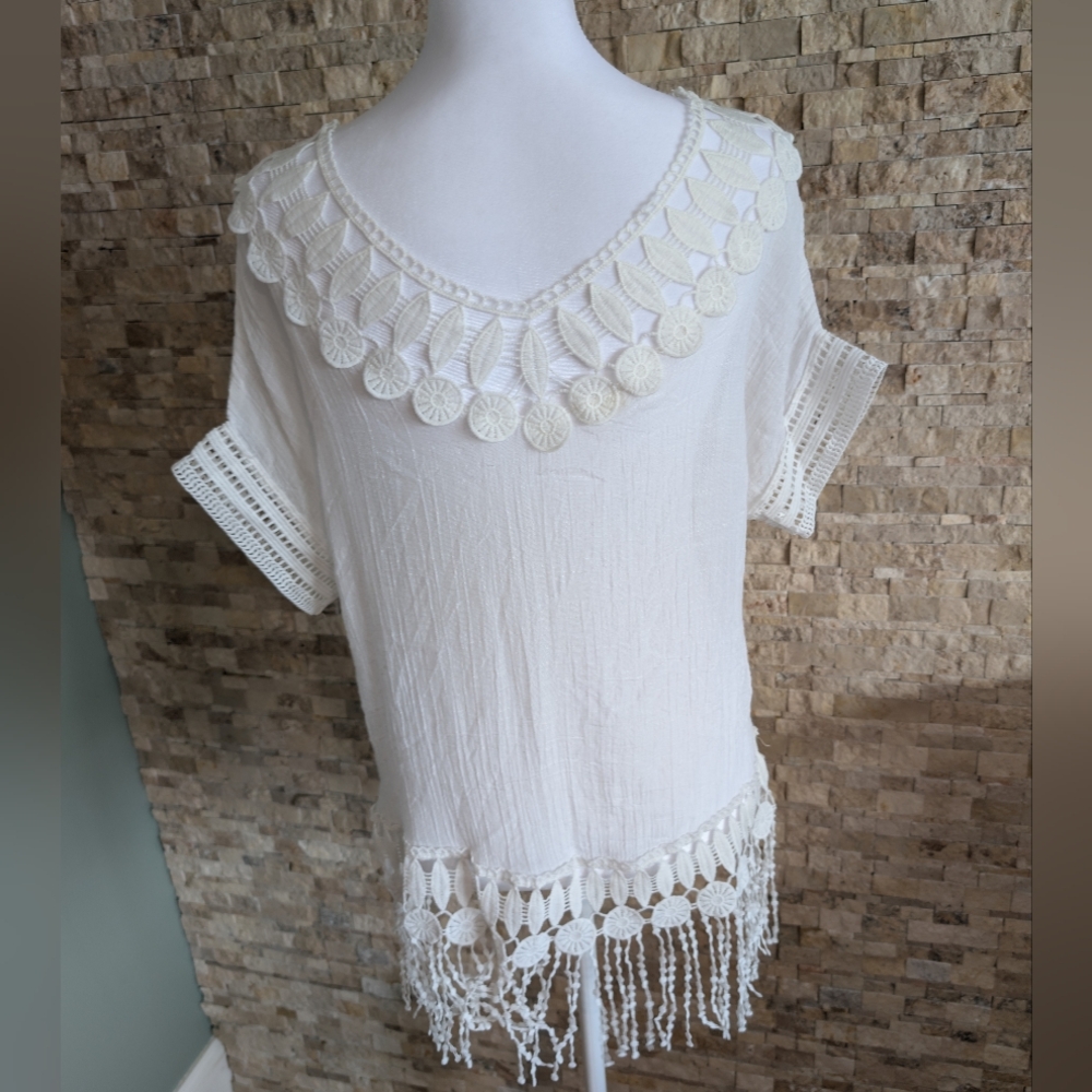 White Crochet Fringe Trim Beach Wear Women's Top Swim Cover Up Shirt Resortwear image 4